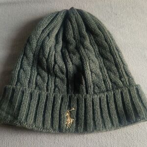 Ralph Lauren Dark Green Cable-Knit Beanie with Gold Pony